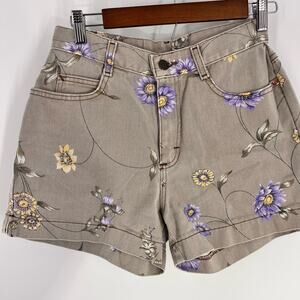 Vintage women's 90's Lee Daisy Print 5  pocket shorts size 9 tan purple yellow